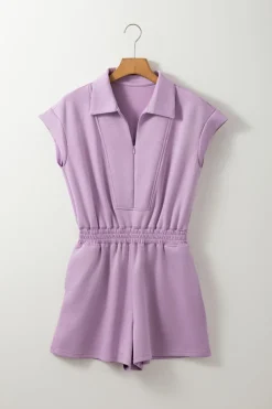New Dear-Lover Short Sleeve Zipper Collared Elastic High Waist Romper Orchid Bouquet