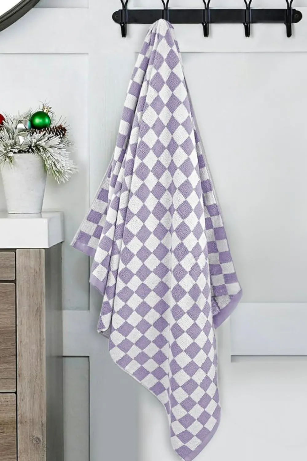 Best Dear-Lover Checkered Print Soft Large Bath Towel Orchid Petal