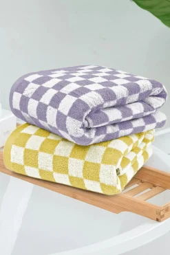 Best Dear-Lover Checkered Print Soft Large Bath Towel Orchid Petal
