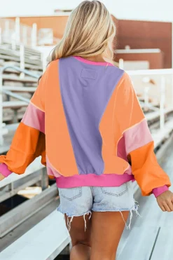 Hot Dear-Lover Colorblock Patchwork Exposed Stitching Oversize Top Orchid Petal
