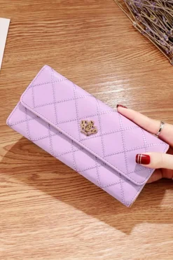 New Dear-Lover Crown Decor Quilted Trifold Clutch Faux Leather Wallet Orchid Petal