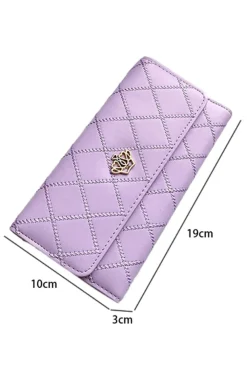 New Dear-Lover Crown Decor Quilted Trifold Clutch Faux Leather Wallet Orchid Petal