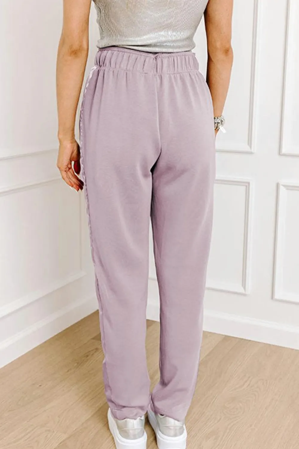 Outlet Dear-Lover Drawstring Waist Satin Stripe Patch Straight Leg High Waist Pants Orchid Petal