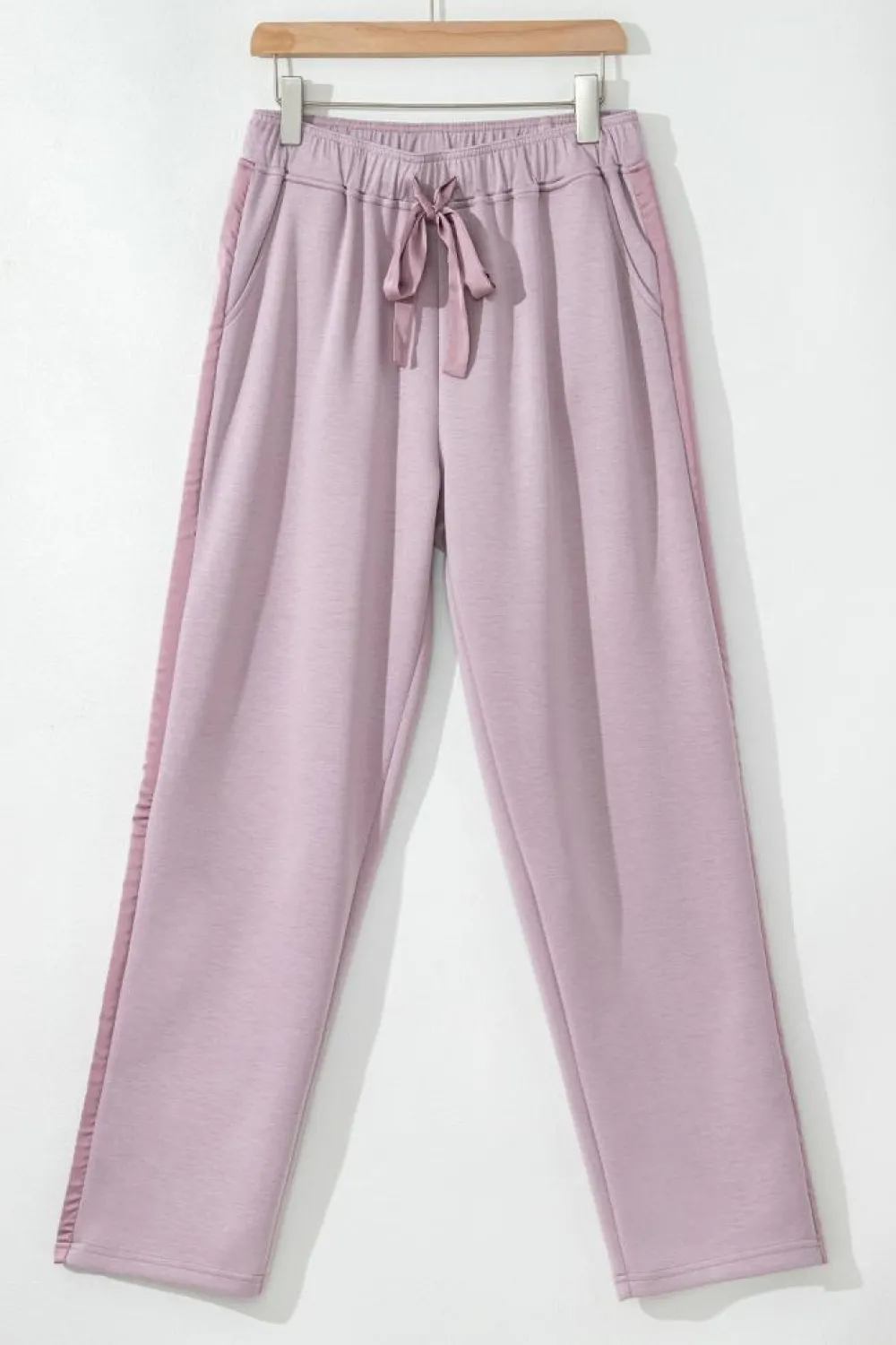 Outlet Dear-Lover Drawstring Waist Satin Stripe Patch Straight Leg High Waist Pants Orchid Petal