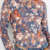 Fashion Dear-Lover Floral Print Mesh Fitted Long Sleeve Top Orchid Petal