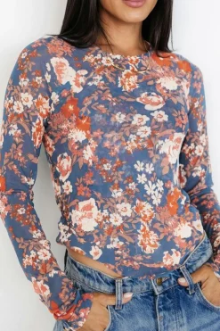Fashion Dear-Lover Floral Print Mesh Fitted Long Sleeve Top Orchid Petal
