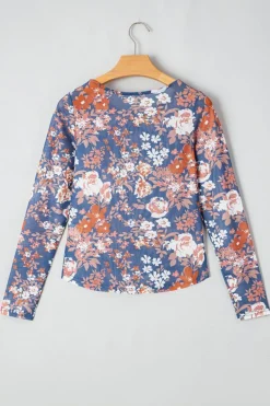 Fashion Dear-Lover Floral Print Mesh Fitted Long Sleeve Top Orchid Petal