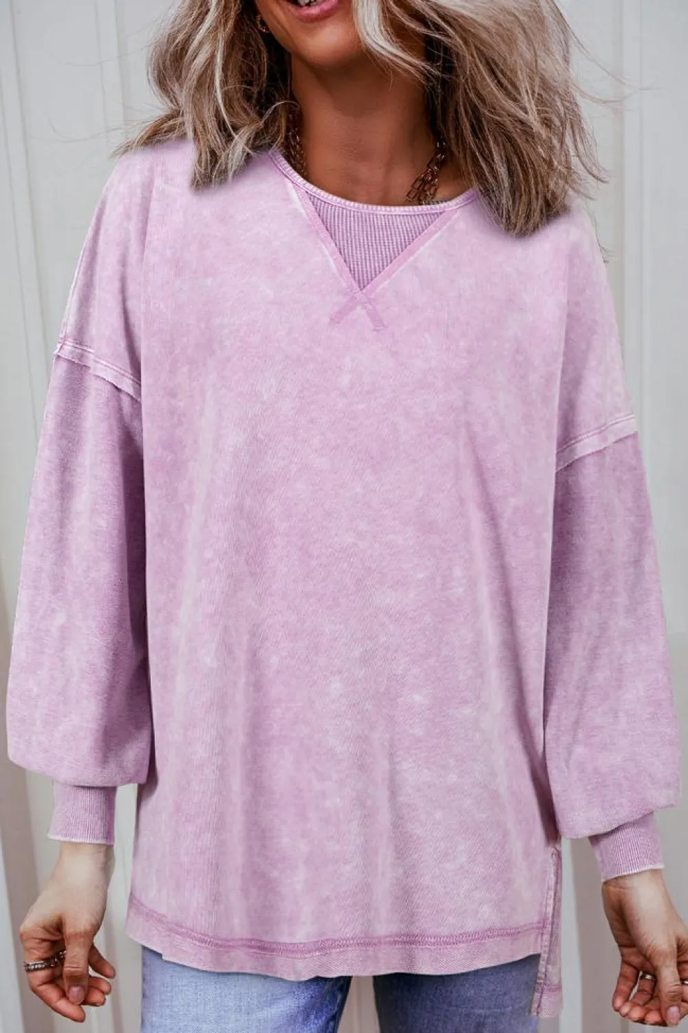 Online Dear-Lover Mineral Wash Drop Shoulder Pullover Sweatshirt Orchid Petal
