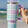 Clearance Dear-Lover Plaid Print Handle Large Vacuum Cup 40oz Orchid Petal