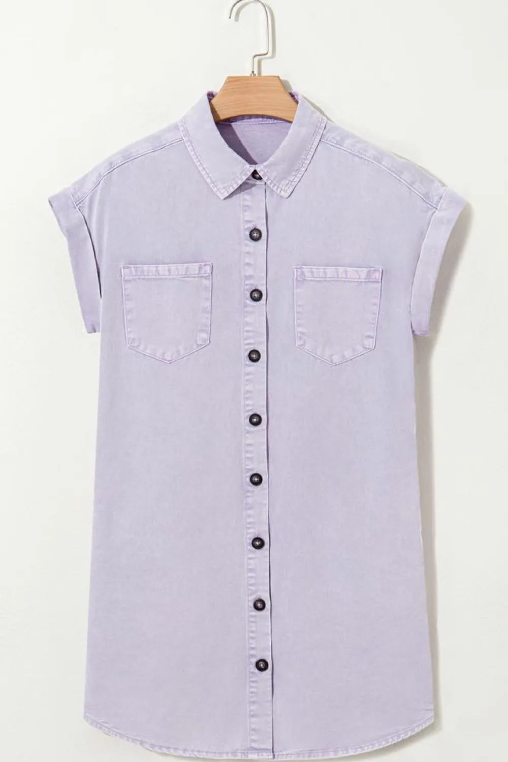 Discount Dear-Lover Short Sleeve Double Chest Pocket Denim Shirt Dress Orchid Petal