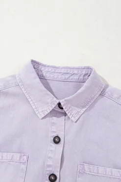 Discount Dear-Lover Short Sleeve Double Chest Pocket Denim Shirt Dress Orchid Petal