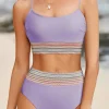 Online Dear-Lover Striped Patchwork Spaghetti Strap High Waist Bikini Swimsuit Orchid Petal