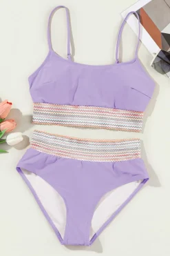 Online Dear-Lover Striped Patchwork Spaghetti Strap High Waist Bikini Swimsuit Orchid Petal
