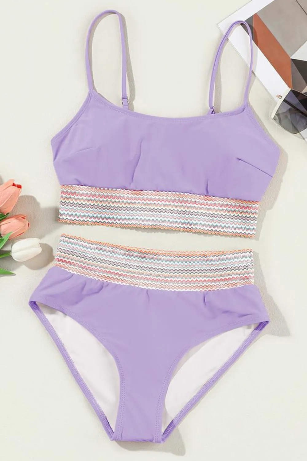 Online Dear-Lover Striped Patchwork Spaghetti Strap High Waist Bikini Swimsuit Orchid Petal