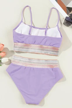 Online Dear-Lover Striped Patchwork Spaghetti Strap High Waist Bikini Swimsuit Orchid Petal