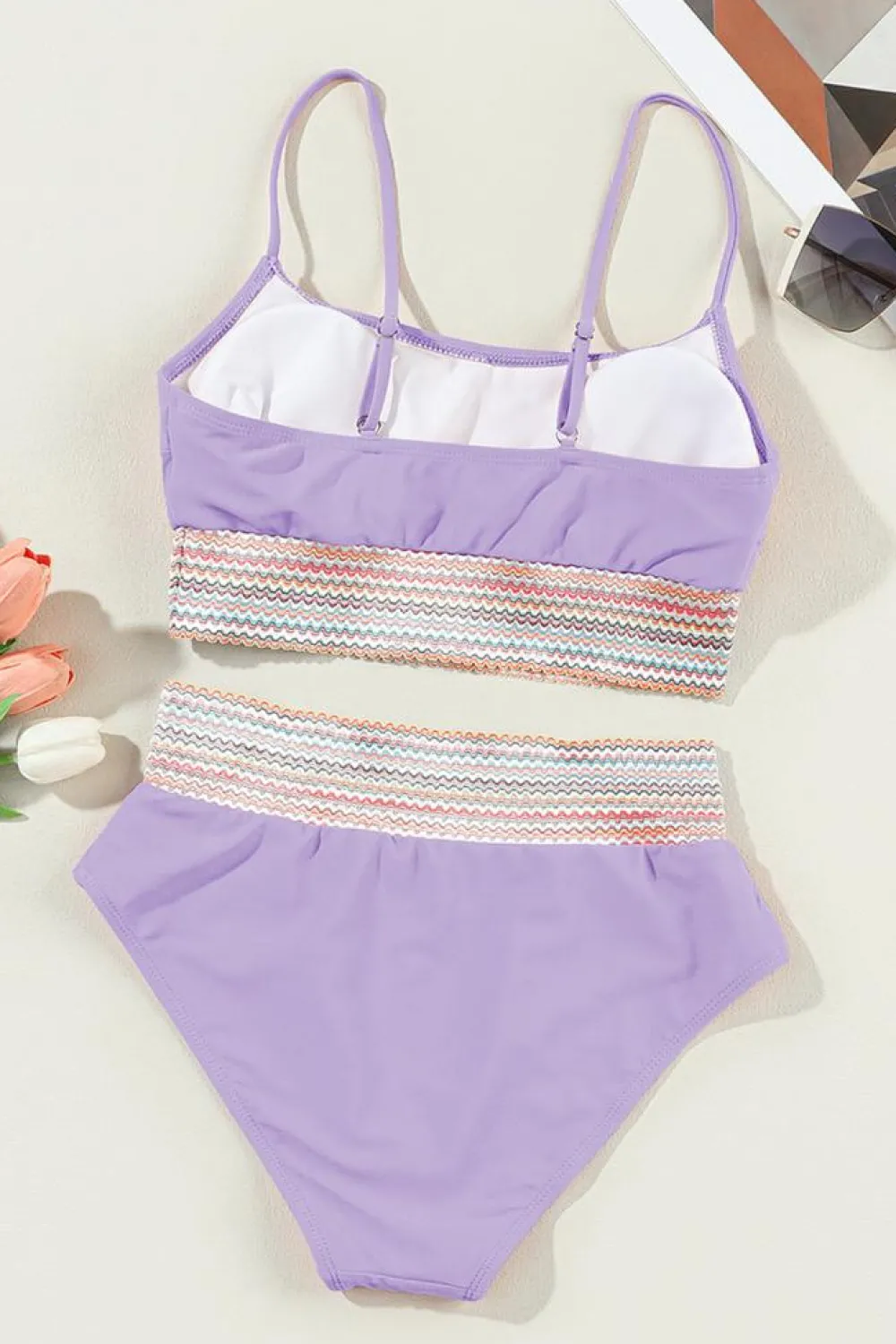 Online Dear-Lover Striped Patchwork Spaghetti Strap High Waist Bikini Swimsuit Orchid Petal