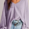Sale Dear-Lover Waffle V Neck Long Sleeve Drop Shoulder Loose Blouse Orchid Petal