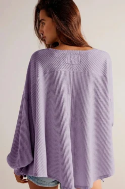 Sale Dear-Lover Waffle V Neck Long Sleeve Drop Shoulder Loose Blouse Orchid Petal