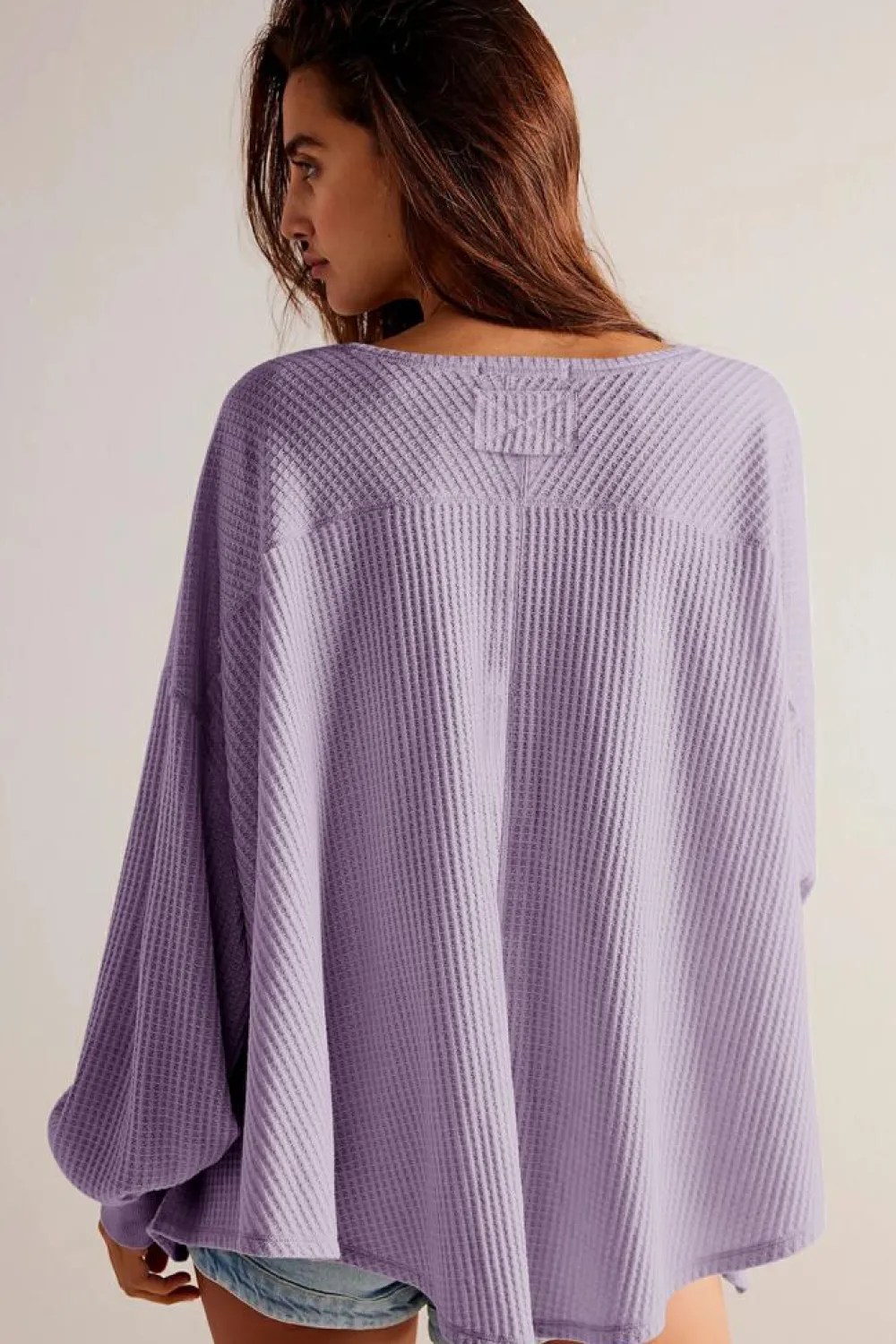 Sale Dear-Lover Waffle V Neck Long Sleeve Drop Shoulder Loose Blouse Orchid Petal