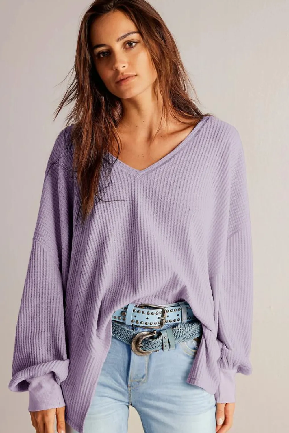 Sale Dear-Lover Waffle V Neck Long Sleeve Drop Shoulder Loose Blouse Orchid Petal