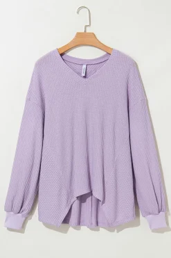 Sale Dear-Lover Waffle V Neck Long Sleeve Drop Shoulder Loose Blouse Orchid Petal