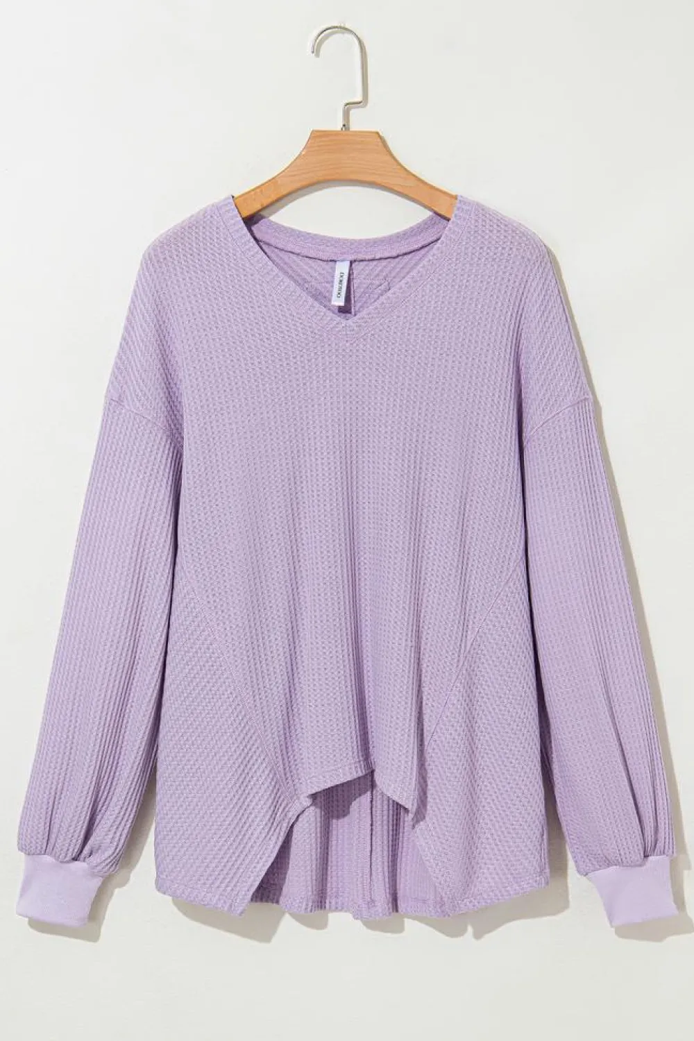 Sale Dear-Lover Waffle V Neck Long Sleeve Drop Shoulder Loose Blouse Orchid Petal