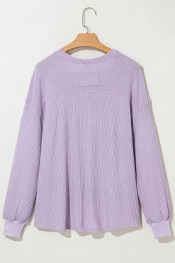 Sale Dear-Lover Waffle V Neck Long Sleeve Drop Shoulder Loose Blouse Orchid Petal