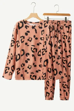 Online Dear-Lover Leopard Long Sleeve Top and Drawstring Pants Set Pale Chestnut