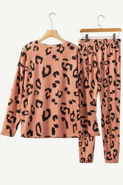 Online Dear-Lover Leopard Long Sleeve Top and Drawstring Pants Set Pale Chestnut