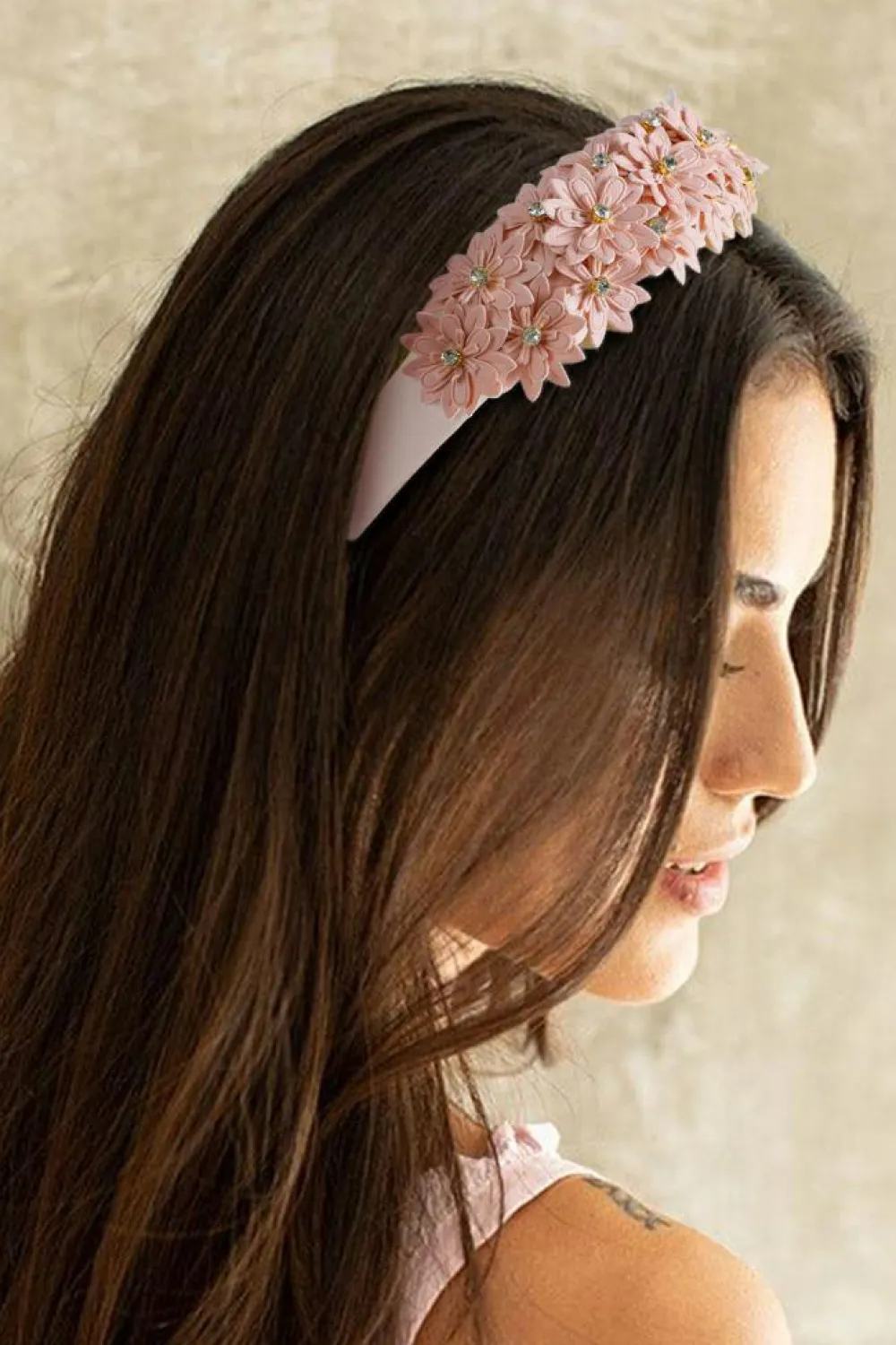 New Dear-Lover Multi Layer Flower Rhinestone Wide Headband Pale Chestnut