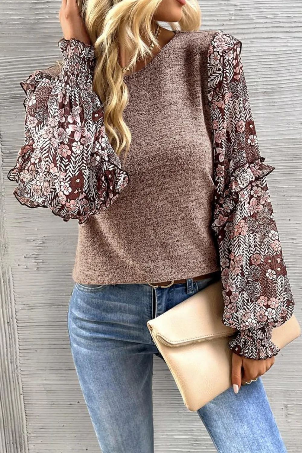 Discount Dear-Lover Ruffle Tiered Floral Sleeve Crew Neck Blouse Pale Chestnut