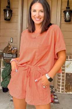 New Dear-Lover Textured Patched Pocket Short Sleeve Top Drawstring Shorts Set Pale Chestnut