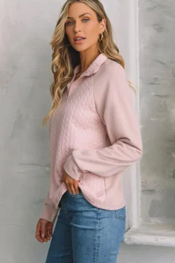 Clearance Dear-Lover Textured Quarter Zip Raglan Sleeve Sweatshirt Pale Chestnut
