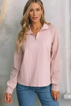 Clearance Dear-Lover Textured Quarter Zip Raglan Sleeve Sweatshirt Pale Chestnut