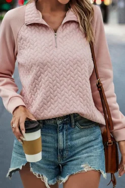 Clearance Dear-Lover Textured Quarter Zip Raglan Sleeve Sweatshirt Pale Chestnut