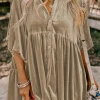 Outlet Dear-Lover 3/4 Sleeve Tunic Babydoll Velvet Shirt Pale Khaki