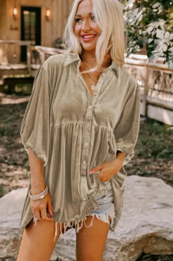 Outlet Dear-Lover 3/4 Sleeve Tunic Babydoll Velvet Shirt Pale Khaki