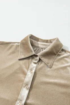 Outlet Dear-Lover 3/4 Sleeve Tunic Babydoll Velvet Shirt Pale Khaki
