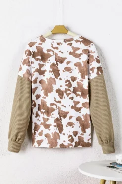 Outlet Dear-Lover Animal Print Textured Patch Lantern Sleeve Henley Blouse Pale Khaki