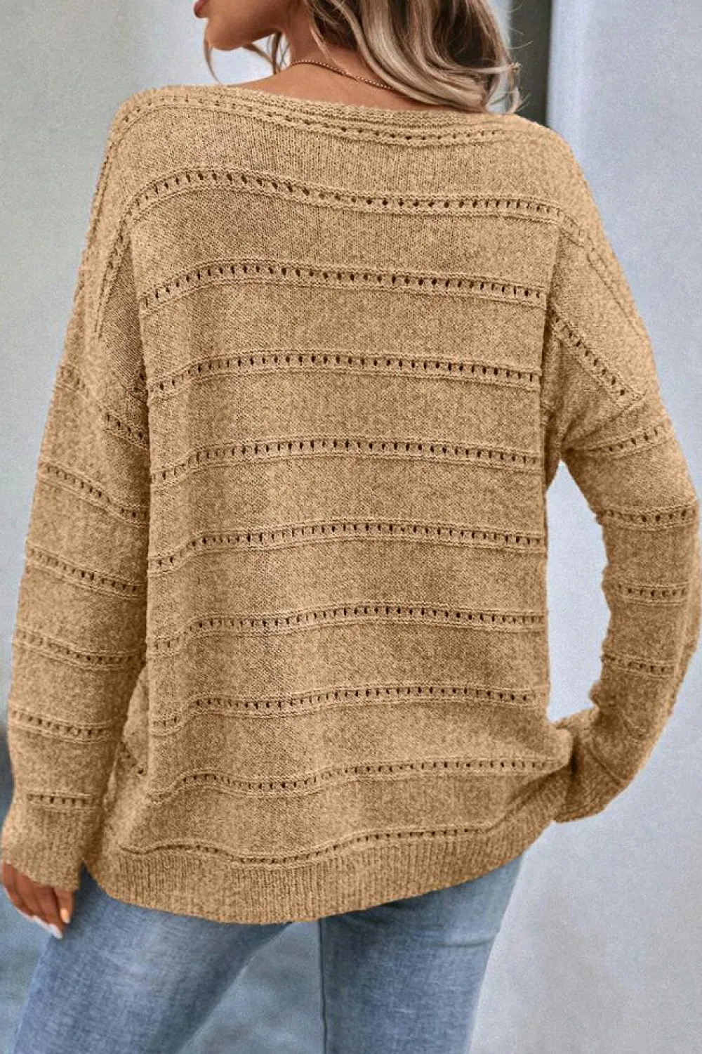 Discount Dear-Lover Boat Neck Drop Shoulder Pointelle Knit Sweater Pale Khaki