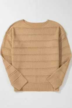 Discount Dear-Lover Boat Neck Drop Shoulder Pointelle Knit Sweater Pale Khaki
