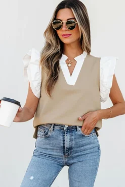 Discount Dear-Lover Contrast V Neck Ruffled Textured Knit Top Pale Khaki