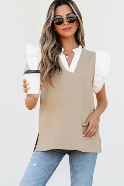 Discount Dear-Lover Contrast V Neck Ruffled Textured Knit Top Pale Khaki