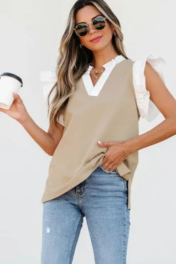 Discount Dear-Lover Contrast V Neck Ruffled Textured Knit Top Pale Khaki