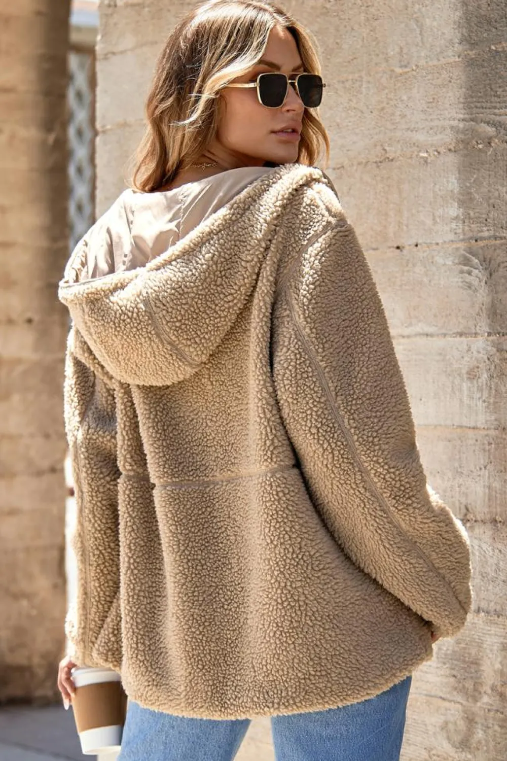 Fashion Dear-Lover Fleece Zip Up Drawstring Hooded Pocketed Jacket Pale Khaki
