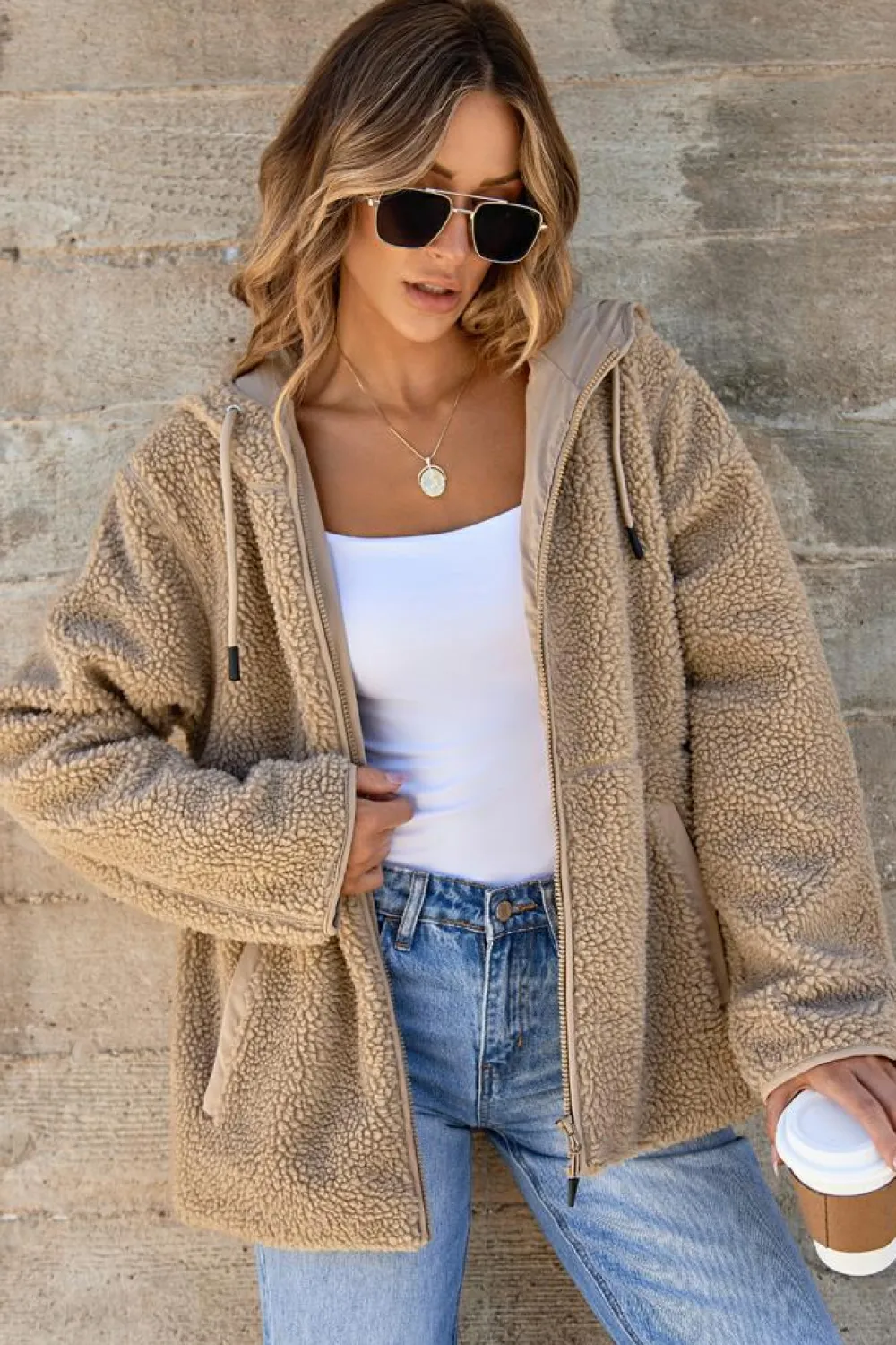Fashion Dear-Lover Fleece Zip Up Drawstring Hooded Pocketed Jacket Pale Khaki