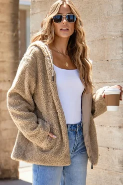 Fashion Dear-Lover Fleece Zip Up Drawstring Hooded Pocketed Jacket Pale Khaki