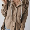 Outlet Dear-Lover Hooded Drawstring Pockets Corduroy Shacket Pale Khaki