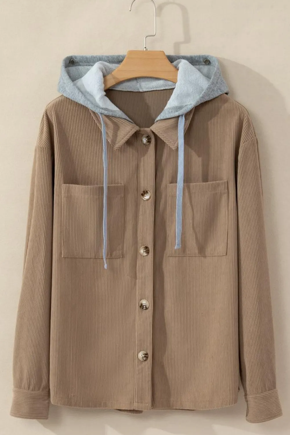 Outlet Dear-Lover Hooded Drawstring Pockets Corduroy Shacket Pale Khaki