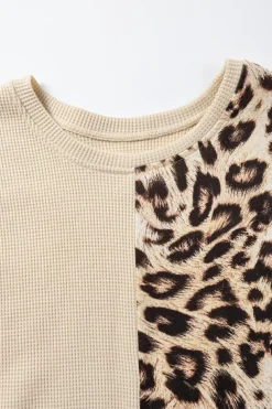 Outlet Dear-Lover Leopard Colorblock Waffle Knit Top Pale Khaki